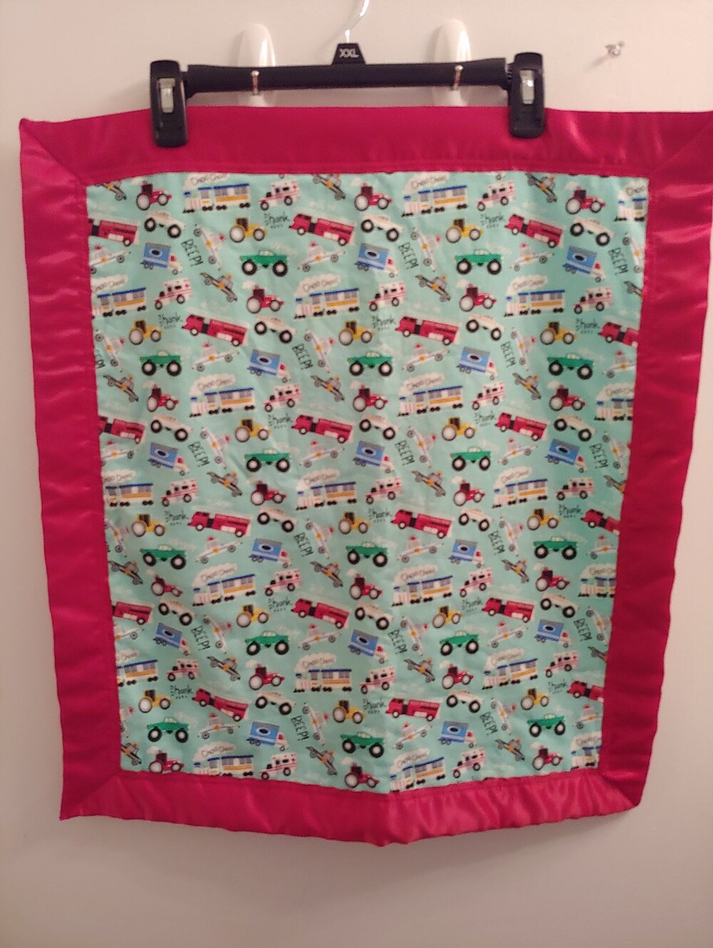 Construction Trucks Baby Lovey Security Blanket With Red Bright Red Satin Border